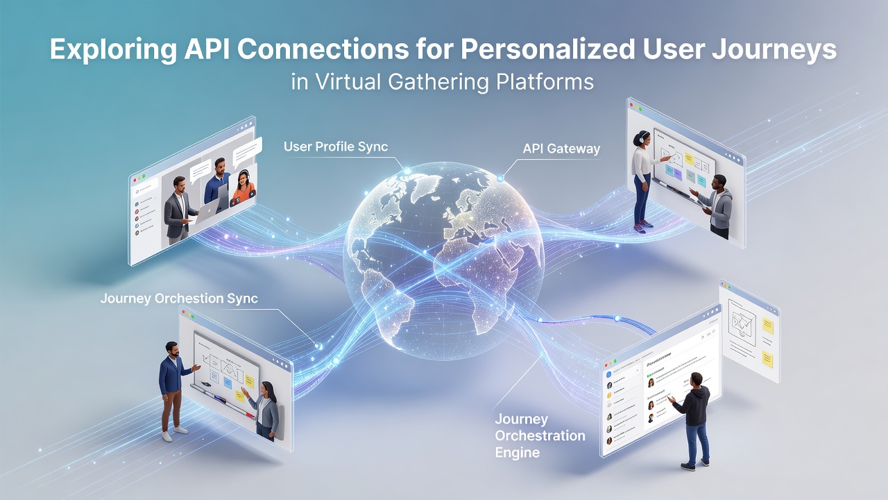 API architecture diagram illustrating data flows between user profiles, analytics services, and virtual event modules for journey personalization